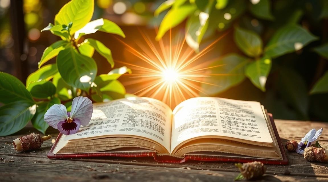 Otwarta książka otoczona naturalnymi elementami takimi jak liście i kwiaty, symbolizująca wiedzę i naturę