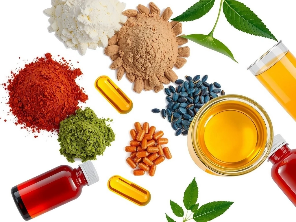 Kolorowy kolaż różnych naturalnych produktów: kapsułki witaminowe, proszki mineralne, ziołowe ekstrakty i napoje energetyczne, ułożone w harmonijną kompozycję.