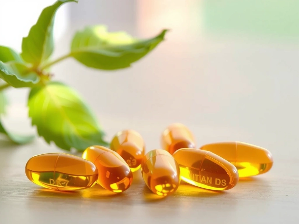 Bliski plan kapsułek suplementu D3+K2 na naturalnym tle