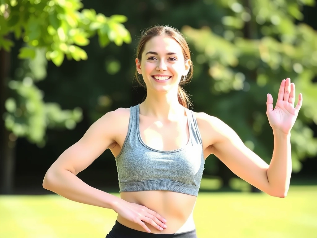 Uśmiechnięta, zdrowa kobieta uprawiająca jogę na świeżym powietrzu, symbolizująca witalność i dobre samopoczucie