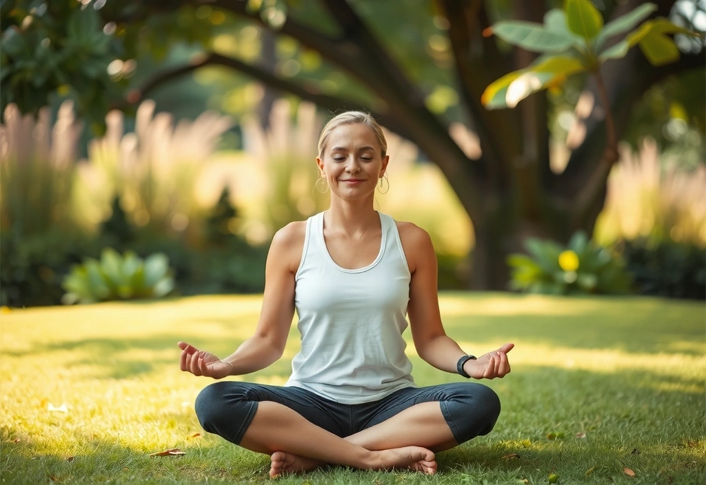 Osoba medytująca w spokojnym, naturalnym środowisku, symbolizująca holistyczne dobre samopoczucie.