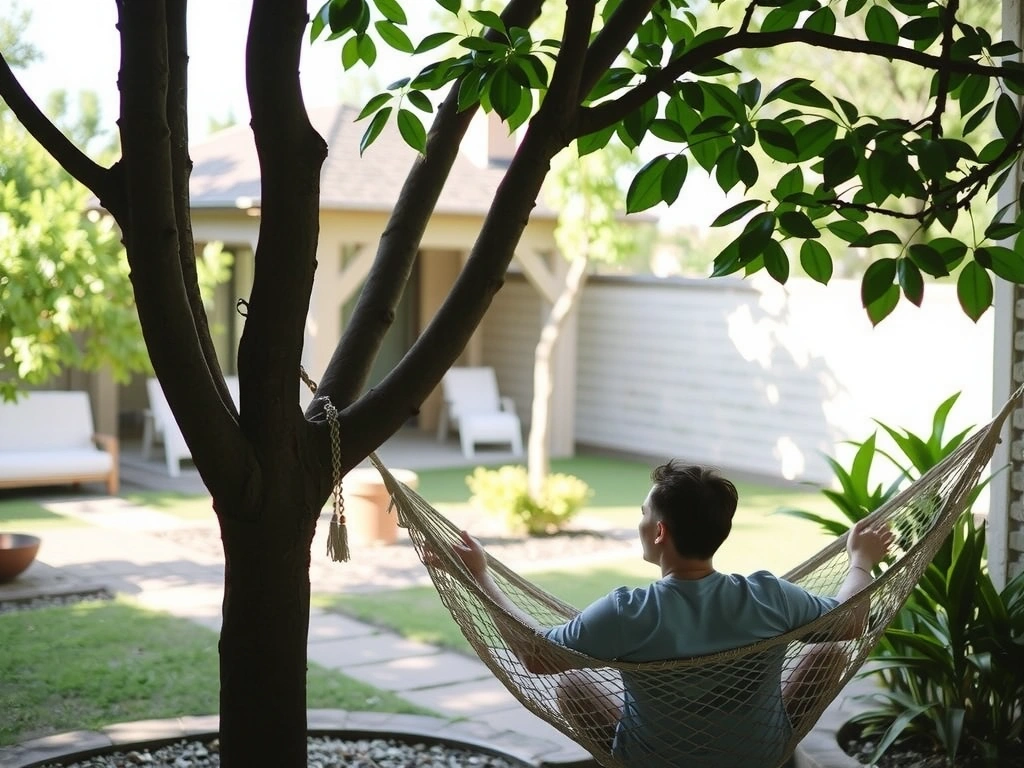 Osoba relaksująca się w hamaku w spokojnym ogrodzie.